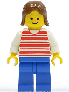 Horizontal Lines Red - White Arms - Blue Legs, Brown Female Hair