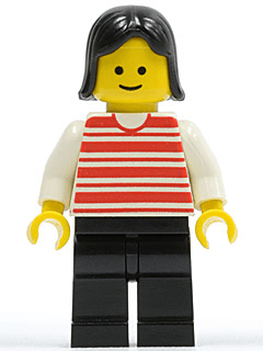 Horizontal Lines Red - White Arms - Black Legs, Black Female Hair