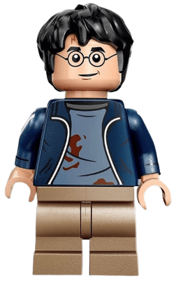 Harry Potter - Dark Blue Open Jacket over Sand Blue Shirt with Dirt Stains, Printed Arms, Dark Tan Medium Legs