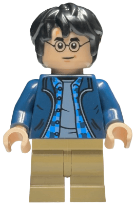 Harry Potter - Dark Blue Open Jacket over Plaid Shirt with Collar and Sand Blue Shirt, Dark Tan Medium Legs