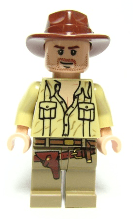 Indiana Jones - Tan Open Collar Shirt, Reddish Brown Fedora, Closed Mouth Lopsided Grin