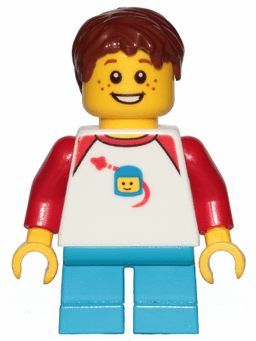 LEGO Boy Freckles Classic Space Shirt with Red Sleeves Dark Azure Short Legs Reddish Brown Hair Short Tousled with Side Part (idea051) minifigure