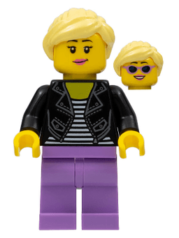 LEGO Woman Black Leather Jacket Medium Lavender Legs Bright Light Yellow Hair (idea081) minifigure