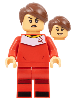 LEGO Soccer Player Female Red Uniform Medium Tan Skin Reddish Brown Smooth Parted Hair (idea125) minifigure