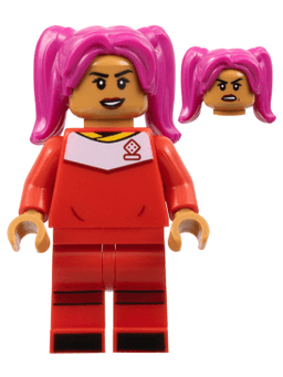 LEGO Soccer Player Female Red Uniform Medium Nougat Skin Magenta Hair (idea127) minifigure