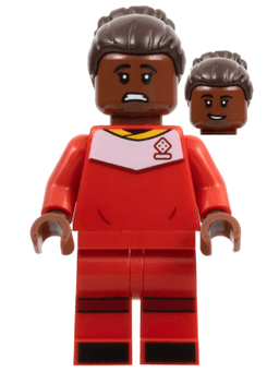 LEGO Soccer Player Female Red Uniform Reddish Brown Skin Dark Brown Hair with Bun (idea133) minifigure