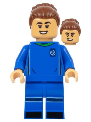 Soccer Player, Female, Blue Uniform, Medium Tan Skin, Reddish Brown Bun