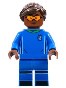 LEGO Soccer Player Female Blue Uniform Reddish Brown Skin Dark Brown Hair Orange Goggles (idea138) minifigure
