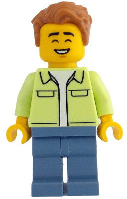 Man - Yellowish Green Jacket over White Shirt, Sand Blue Legs, Medium Nougat Tousled Hair