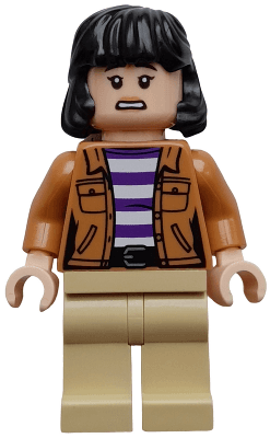 Yasmina 'Yaz' Fadoula - Medium Nougat Jacket over Dark Purple and White Striped Shirt, Tan Legs