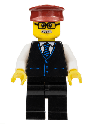 Train Driver - Male, Black Vest with Blue Striped Tie, Black Legs, Dark Red Hat, Glasses and Moustache