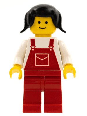 LEGO Overalls Red with Pocket Black Pigtails Hair (ovr009) Town / City Minifigure