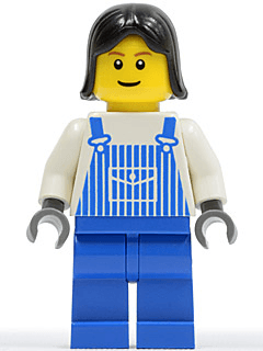 LEGO Overalls Striped Blue with Pocket Black Female Hair (ovr033) Town / City Minifigure
