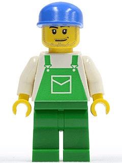 LEGO Overalls Green with Pocket Blue Cap with Long Flat Bill Smirk and Stubble Beard (ovr037) Town / City Minifigure