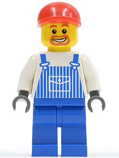 Overalls Striped Blue with Pocket, Blue Legs, Red Short Bill Cap, Beard Around Mouth
