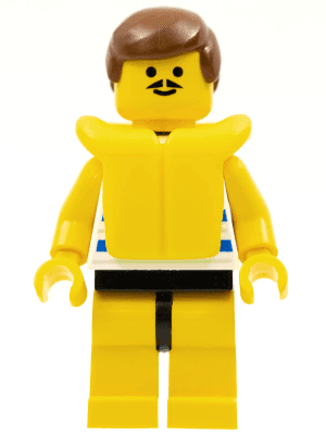 Horizontal Blue and Light Green Stripes, Yellow Legs, Brown Male Hair, Life Jacket