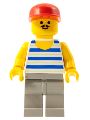 Horizontal Blue and Light Green Stripes, Light Gray Legs, Red Cap