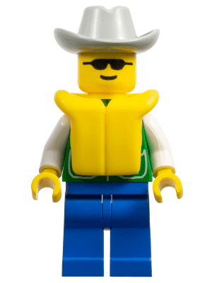 Jacket Green with 2 Large Pockets - Blue Legs, Light Gray Cowboy Hat, Life Jacket
