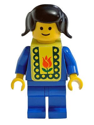 Plain Blue Torso with Blue Arms, Blue Legs, Black Pigtails Hair, Yellow Vest with Baby Bib Pattern (Stickers)