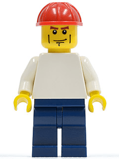 Plain White Torso with White Arms, Dark Blue Legs, Red Construction Helmet, Vertical Cheek Lines