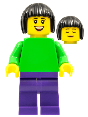 LEGO Plain Bright Green Torso with Bright Green Arms Dark Purple Legs Black Bobbed Hair (pln194) LEGO Minifigure