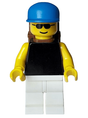 Plain Black Torso with Yellow Arms and Hands, White Legs, Sunglasses, Blue Cap, Brown Backpack