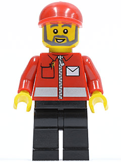 Post Office White Envelope and Stripe, Black Legs, Red Short Bill Cap, Gray Beard