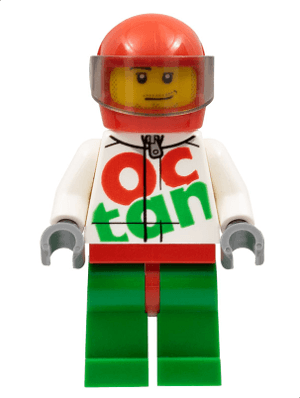 LEGO Race Car Driver White Octan Racing Suit with Silver Zipper Crooked Smile Stubble Beard (rac059) Town / City Minifigure