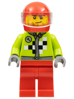 LEGO Lime Jacket with Wrench and Black and White Checkered Pattern Trans-Clear Visor (rac061) Town / City Minifigure