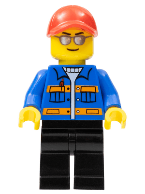 Race Marshal - Blue Jacket with Pockets and Orange Stripes, Black Legs, Red Cap with Hole, Silver Sunglasses