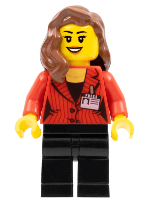 Camerawoman - Red Suit Jacket with Press Pass, Black Legs, Reddish Brown Female Hair over Shoulder, Open Mouth Smile with Dark Orange Lips