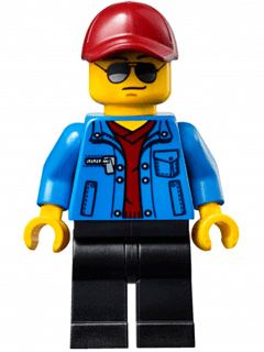 Race Official - Male, Blue Jacket over Dark Red V-Neck Sweater, Black Legs, Dark Red Cap with Hole, Sunglasses