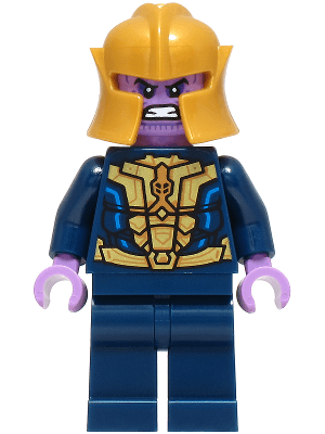 Thanos - Minifigure, Dark Blue and Gold Outfit, Dark Blue Arms, Medium Lavender Hands, Helmet