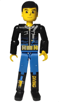 Technic Figure Blue Legs, Black Top with Zippered Wetsuit for Diver, Knife, and 'DIVING' Pattern (Stickers)
