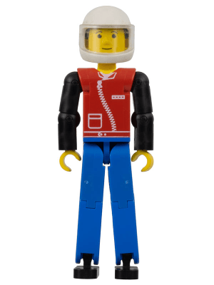 Technic Figure Blue Legs, Red Top with Zipper, Black Arms, Black Hair, White Helmet