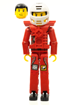 Technic Figure Red Legs, Red Top with Chest Plate, Black Hair, White Helmet - With Stickers