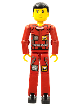 Technic Figure Red Legs, Red Top with Technic Logo, Black Hair - with Stickers