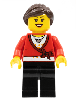 LEGO Brand Store Female, Sweater Cropped with Bow, Heart Necklace, Black Legs, Dark Brown Hair with Ponytail