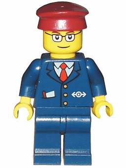LEGO Dark Blue Suit with Train Logo Dark Red Hat Rectangular Glasses (trn115) minifigure