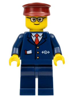 LEGO Dark Blue Suit with Train Logo Dark Red Hat Rounded Glasses (trn115a) minifigure