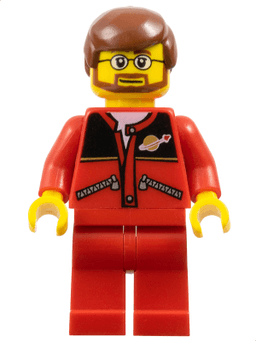 Red Jacket with Zipper Pockets and Classic Space Logo, Red Legs, Reddish Brown Male Hair