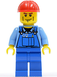 LEGO Overalls with Tools in Pocket Blue Red Construction Helmet Cheek Lines (trn141) Town / City Minifigure