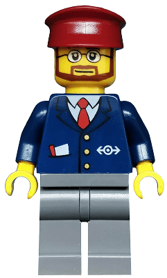 LEGO Dark Blue Suit with Train Logo Dark Red Hat Beard and Glasses (trn148) minifigure