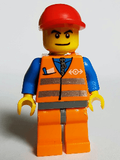 Orange Vest with Safety Stripes - Orange Legs and Dark Bluish Gray Hips, Red Short Bill Cap - Glued