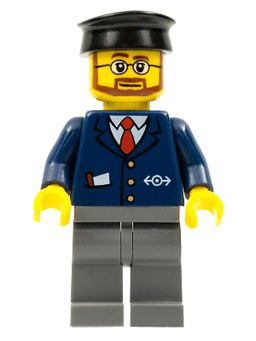 LEGO Dark Blue Suit with Train Logo Black Hat Beard and Glasses (trn222) minifigure