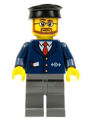 Dark Blue Suit with Train Logo, Dark Bluish Gray Legs, Black Hat, Beard and Glasses