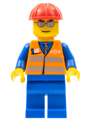 Orange Vest with Safety Stripes - Blue Legs, Silver Glasses, Red Construction Helmet