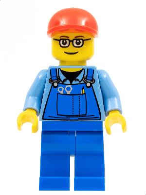 Overalls with Tools in Pocket, Blue Legs, Red Short Bill Cap, Glasses with Brown Thin Eyebrows