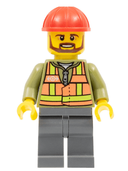 LEGO Light Orange Safety Vest Red Construction Helmet Brown Beard (trn235) minifigure