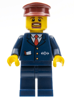 LEGO Dark Blue Suit with Train Logo Dark Red Hat Brown Moustache and Goatee (trn237) minifigure